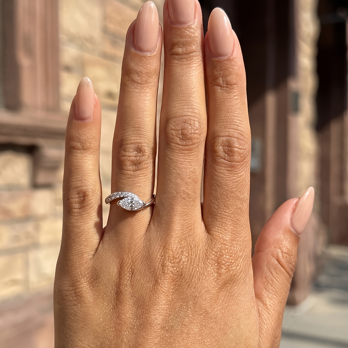 Women's Twisted Arm Half-Inlaid Marquise Ring